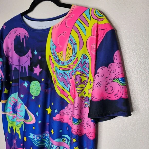 Freedom Rave Wear L Tee Trippy Psychedelic Alien Space Planet Moon Star T Shirt - Picture 2 of 5